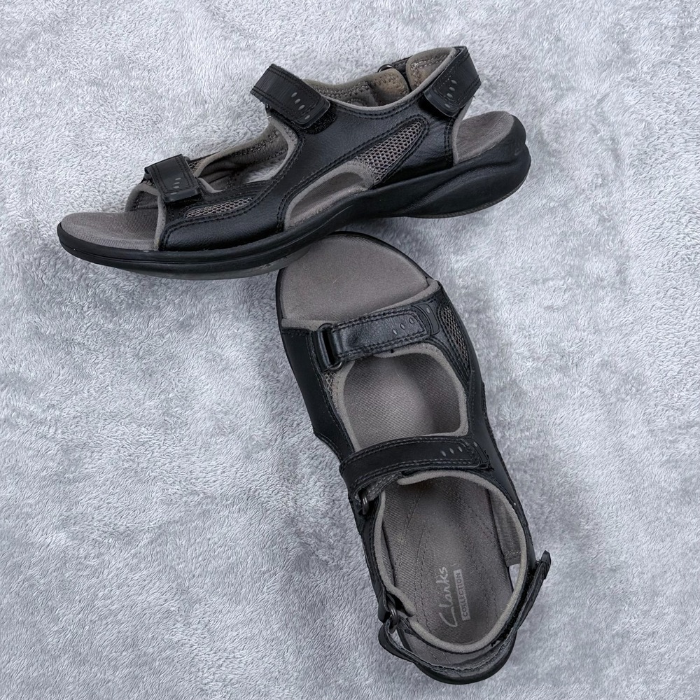 Clarks In-Motion Thorn Slingback Sandals Women 7 M Leather Black Hiking Wedge